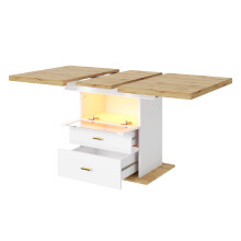 (White) Table à manger extensible avec éclairage LED, rangement, plateau MDF effet bois
