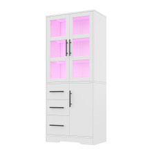 72x35x170 cm - meuble bain LED - portes verre doubles - 3 tiroirs+2 armoires - LED app - étagères réglables - poignées noires - blanc