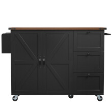 (Black) ĂŽlot de cuisine avec plan extensible, chariot de service, 2 portes et 3 tiroirs