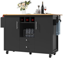 (Black) ĂŽlot de cuisine avec plan rabattable, casier Ă vin et rangements