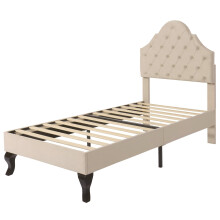 (Beige, 90 x 200cm) Lit capitonné avec tête réglable et sommier à lattes sans matelas