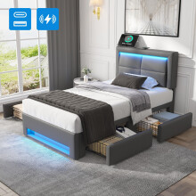(Grey, 90 x 190cm) Lit capitonné avec USB, charge sans fil, LED et rangement sans matelas
