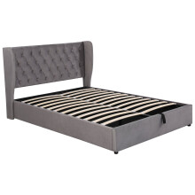 (Grey, 140 x 190cm) Lit capitonné hydraulique avec sommier à lattes et rangement sans matelas