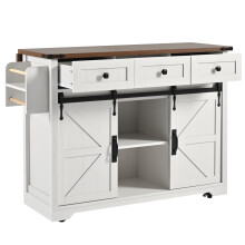 (Beige) ĂŽlot de cuisine sur roulettes avec plan extensible, portes coulissantes et tiroirs