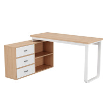 140x120x76,5 cm - bureau L moderne - rayures verticales - pieds acier - 2 tiroirs+armoire - naturel+blanc