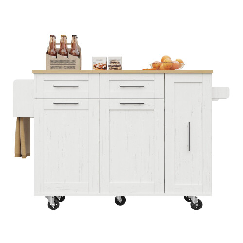 (White) Îlot de cuisine multifonction avec chariot, placard et espaces de rangement