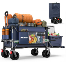 (Blue Gray) Chariot pliant avec hayon, grande capacité et roues tout-terrain extra larges