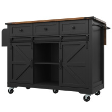 (Black) ĂŽlot de cuisine sur roulettes avec plan extensible, portes coulissantes et tiroirs