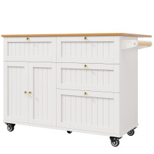(White) ĂŽlot de cuisine multifonction avec rangement extensible et chariot