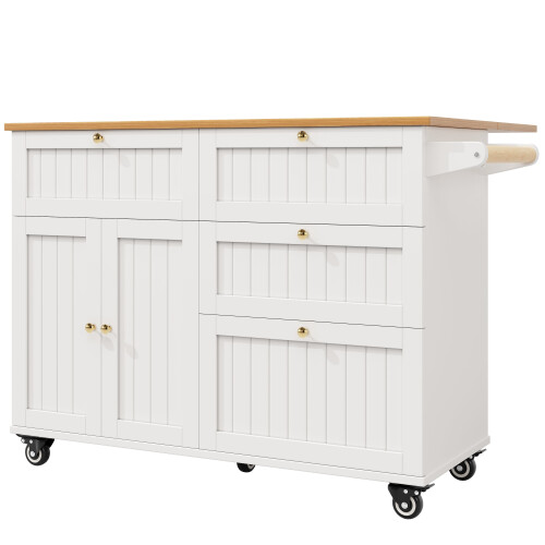 (White) Îlot de cuisine multifonction avec rangement extensible et chariot
