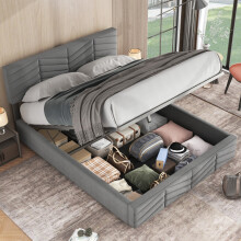 (Gray, 140 x 200cm) Lit capitonné hydraulique avec tête réglable et sommier à lattes sans matelas