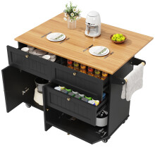 (Black) ĂŽlot de cuisine multifonction avec rangement extensible et chariot