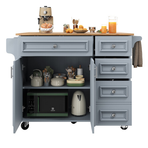 (Light Blue) Îlot de cuisine avec chariot amovible et rangement