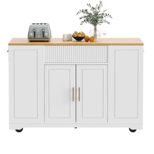 (White) ĂŽlot de cuisine roulant avec rangement poubelle, 2 portes et 3 tiroirs