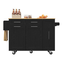 (Black) ĂŽlot de cuisine multifonction avec chariot, placard et espaces de rangement