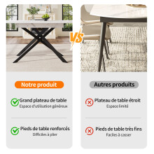 Table télescopique 120-160 cm, gain de place, pieds croisés fer noir, cuisine/salon, blanc marbré