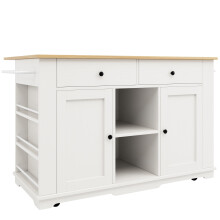 (White,Natural) Îlot de cuisine avec multiprise intégrée, plan de travail et buffet