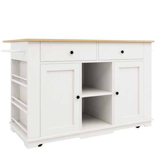 (White,Natural) Îlot de cuisine avec multiprise intégrée, plan de travail et buffet