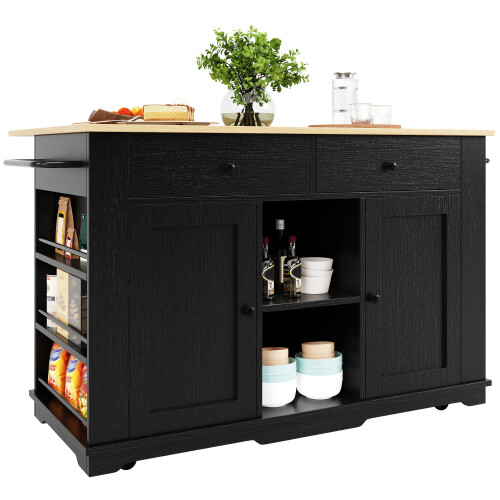 (Black,Natural) Îlot de cuisine avec multiprise intégrée, plan de travail et buffet