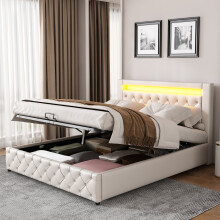 (White, 160 x 200cm) Lit capitonné avec LED, rangement et sommier à lattes sans matelas