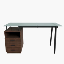 130x50x75 cm - bureau moderne - plateau verre trempé - pieds acier - 3 tiroirs+rangement ouvert - poignées noires - marron