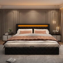 (Black, 180 x 200cm) Lit capitonné avec LED, rangement et sommier à lattes sans matelas