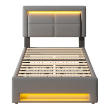 (Grey, 90 x 200cm) Lit capitonné avec USB, charge sans fil, LED et rangement sans matelas