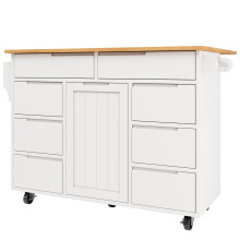 (White) Îlot de cuisine extensible sur roulettes avec 8 tiroirs et étagère à épices