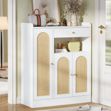 (White,Natural) Armoire de rangement avec 1 tiroir, 3 portes et étagères réglables