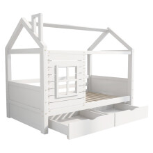 (90 x 200cm) Lit cabane avec barrière anti-chute, fenêtre et sommier à lattes sans matelas