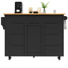 (Black) Îlot de cuisine extensible sur roulettes avec 8 tiroirs et étagère à épices