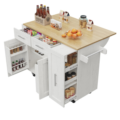 (White) Îlot de cuisine multifonction avec chariot, placard et espaces de rangement 1