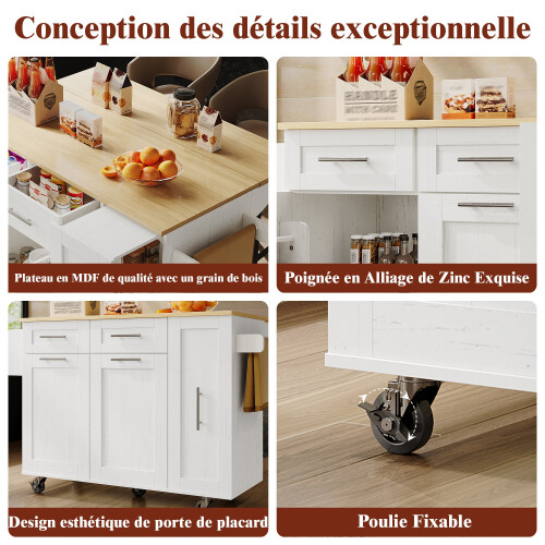(White) Îlot de cuisine multifonction avec chariot, placard et espaces de rangement 2