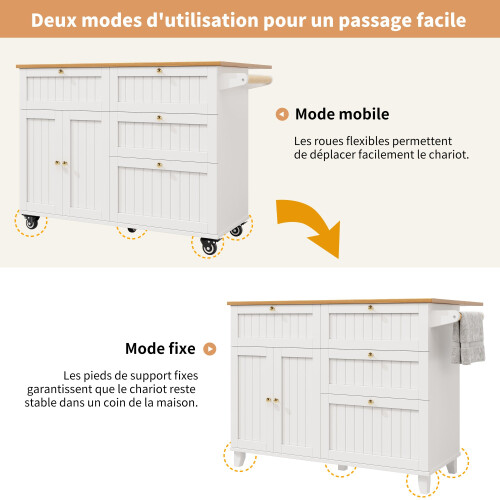 (White) Îlot de cuisine multifonction avec rangement extensible et chariot 2