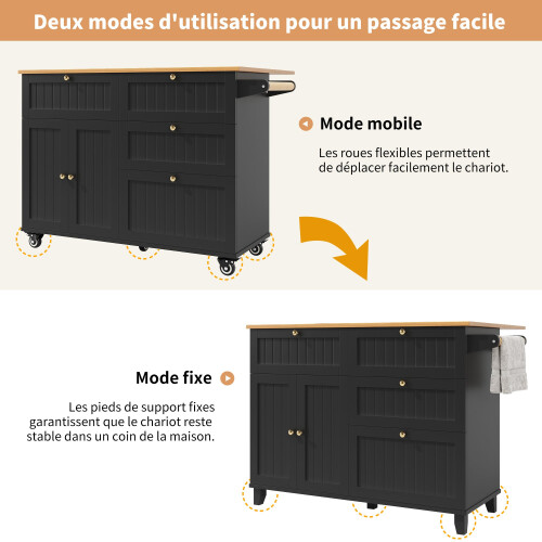 (Black) Îlot de cuisine multifonction avec rangement extensible et chariot 1