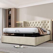 (Beige, 160 x 200cm) Lit capitonné hydraulique avec sommier à lattes et rangement sans matelas