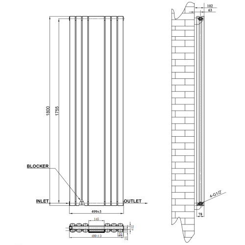 AICA (Anthracite, 1800x499mm) Vertical Mirror Radiator 2