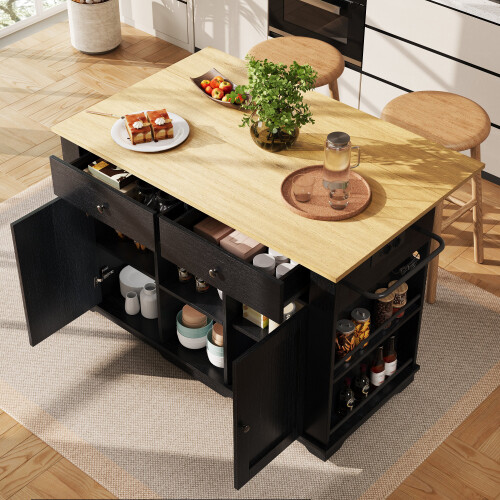 (Black) Îlot de cuisine extensible avec 2 portes et 3 tiroirs 1