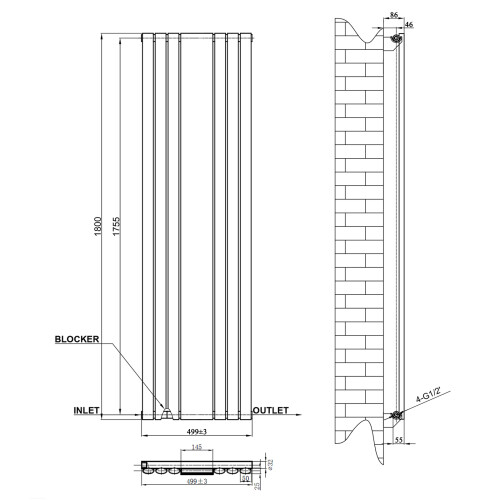 AICA (Black, 1800x499mm) Vertical Mirror Radiator 2