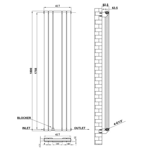 AICA (White, 1800x417mm) Vertical Mirror Radiator 2