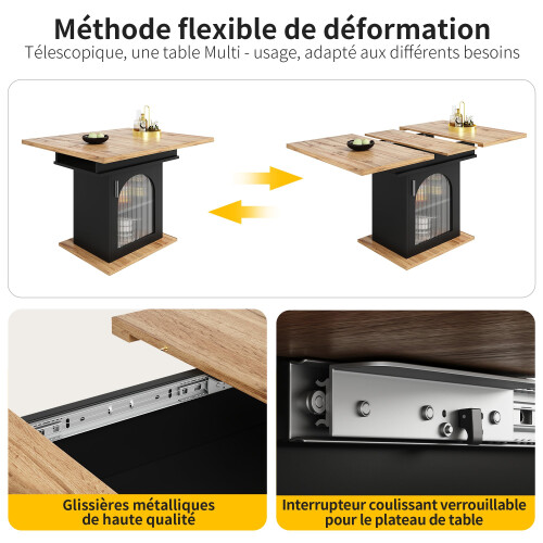 (Black) Table télescopique avec 3 niveaux de rangement, table à manger multifonction 2