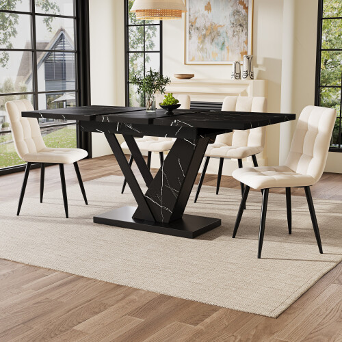 (Black) Table à manger extensible avec plateau effet bois 1