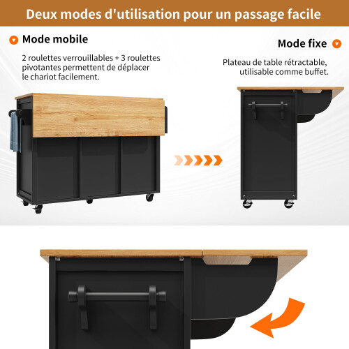 (Black) Îlot de cuisine avec plan rabattable, casier à vin et rangements 1