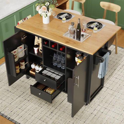 (Black) Îlot de cuisine avec plan rabattable, casier à vin et rangements 2