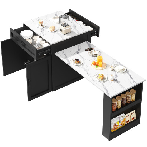 (Black) Table haute extensible avec 2 tiroirs et compartiments de rangement 1