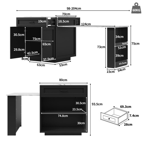 (Black) Table haute extensible avec 2 tiroirs et compartiments de rangement 2
