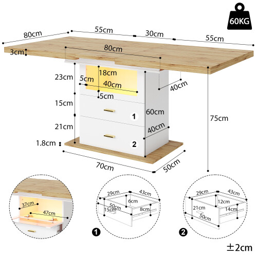 (White) Table à manger extensible avec éclairage LED, rangement, plateau MDF effet bois 2