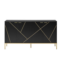 Buffet 4 portes - pieds métal - meuble TV - design lignes métal - noir or - 150x80x40 cm