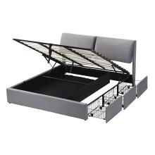 (Grey, 160 x 200cm) Lit capitonné hydraulique avec 3 tiroirs, coffre de rangement et sommier à lattes sans matelas