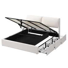 (Beige, 160 x 200cm) Lit capitonné hydraulique avec 3 tiroirs, coffre de rangement et sommier à lattes sans matelas